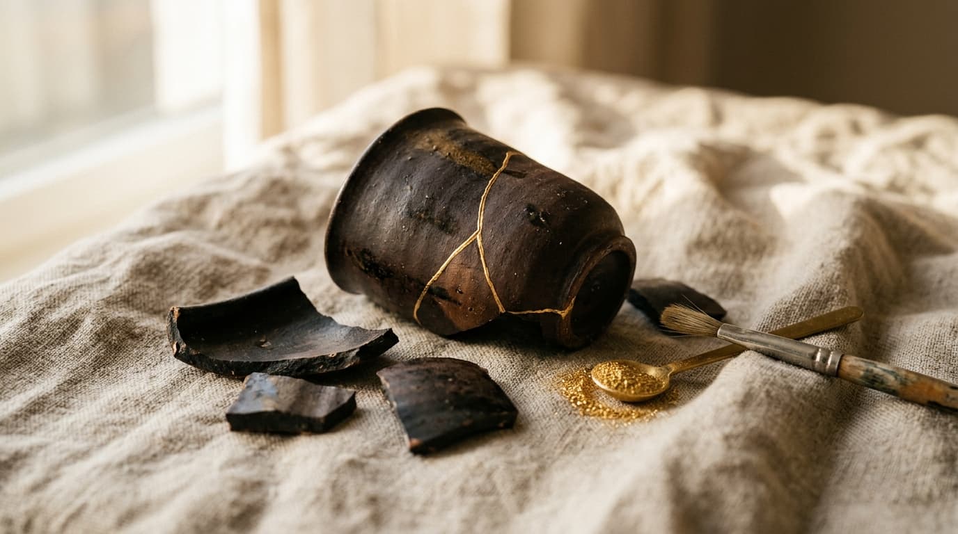 Zerbrochene Keramik auf Leinen — eine Bruchstelle bereits mit Gold gefügt