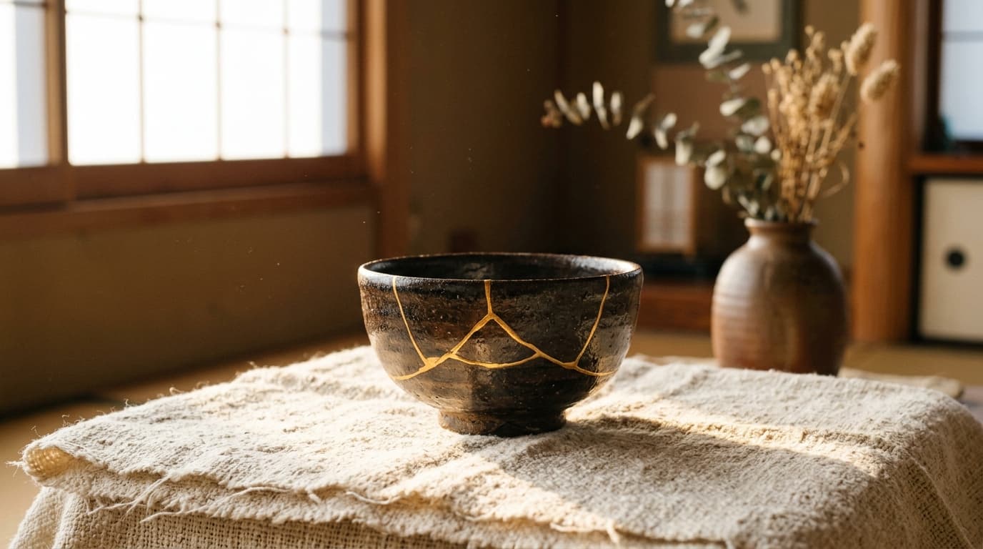 Kintsugi-Schale mit goldener Naht im warmen Morgenlicht auf Leinen