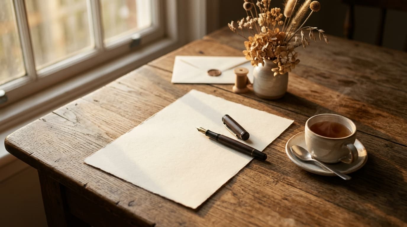 Briefpapier und Füller im warmen Fensterlicht