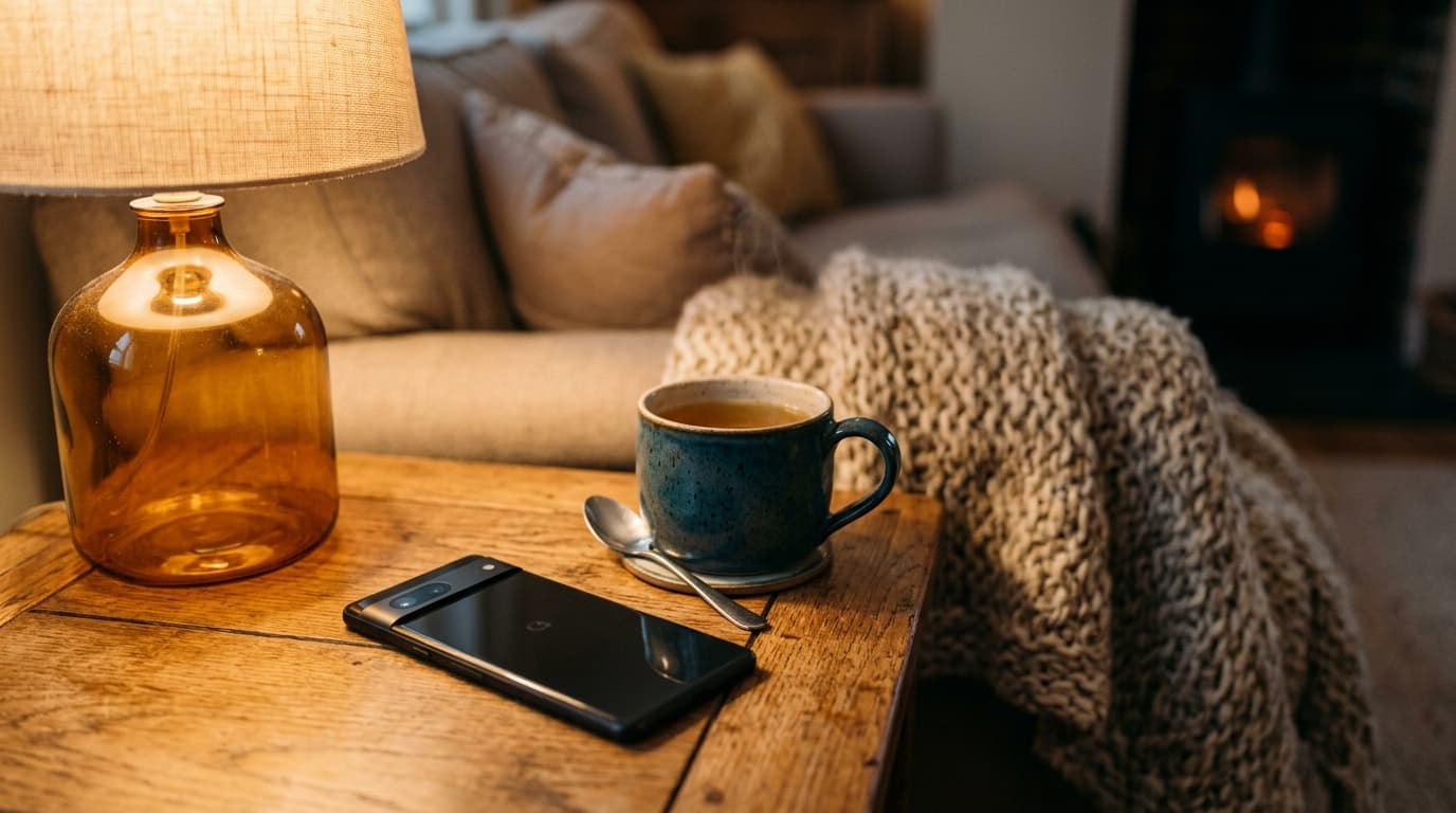 Telefon neben warmer Lampe und Tee — Hilfe in Reichweite