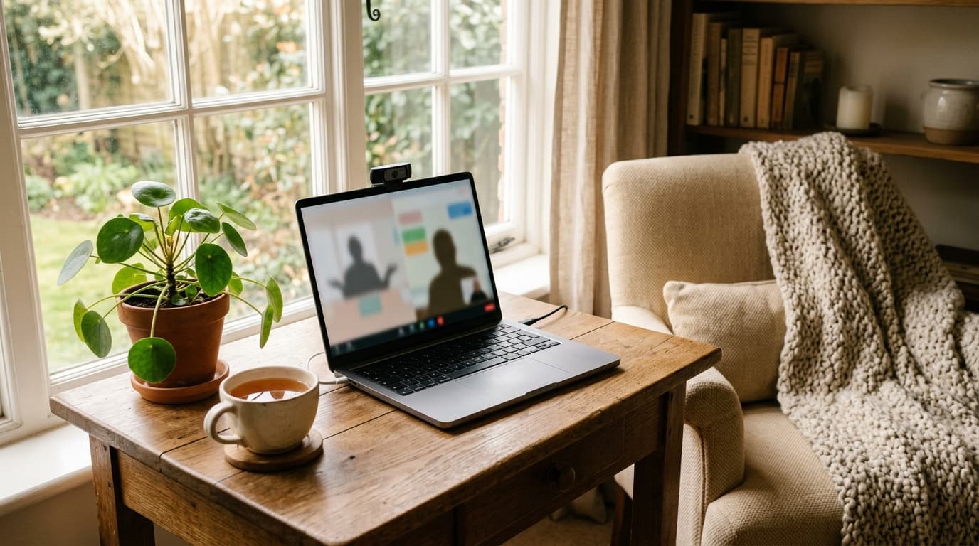 Ruhiger Platz am Fenster mit Laptop für eine Online-Therapiesitzung
