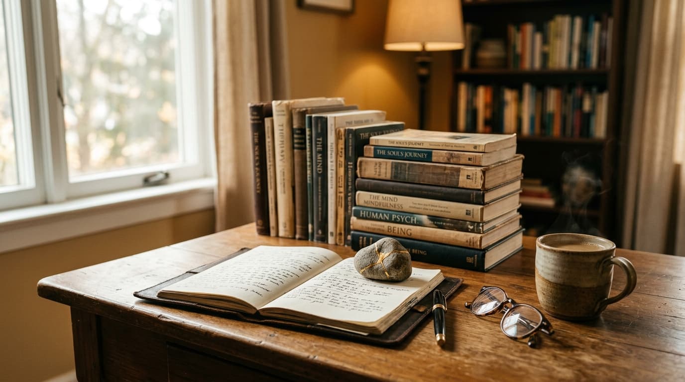 Schreibtisch mit Fachbüchern, Notizbuch und Kintsugi-Stein
